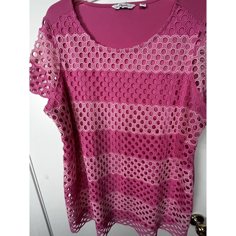 Isaac Mizrahi Women's Shift Dress Pink Circular Lined Jewel Neck Short Sleeve L